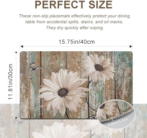 White Sunflower Placemats set of 4 - Floral Faux Leather Heat Resistant Placemats for Dinner Table, Non-Slip Waterproof Oil-Proof Washable Reusable Placemat for Indoor Outdoor Kitchen, 15.75In*11.81In - Image 4