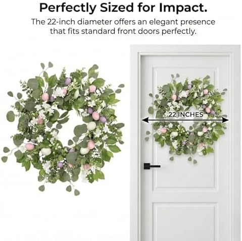 22 Inch Easter Wreath for Front Door, Spring Eucalyptus Wreath with Pastel Speckled Eggs & White Jasmine Flowers, Farmhouse Summer Outdoor Holiday Décor - Image 6