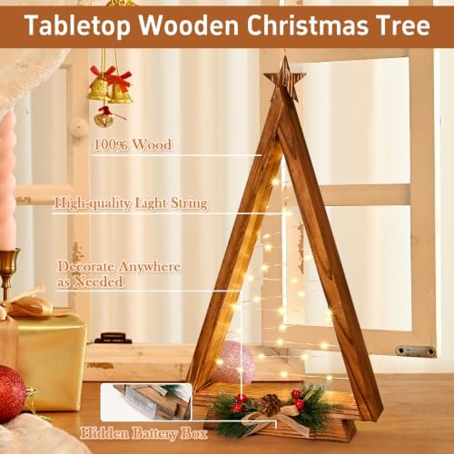 2 Pcs Triangle Tabletop Wooden Christmas Tree with Lights, Modern Farmhouse Rustic Christmas Decor, Small Lighted Xmas Tree for Kitchen Mantle Shelf Living Room(14.2" Large / 11" Small) - Image 4