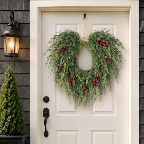 22"Heart-Shaped Artificial Christmas Cedar Pine Wreath for Front Door Decor - Image 2