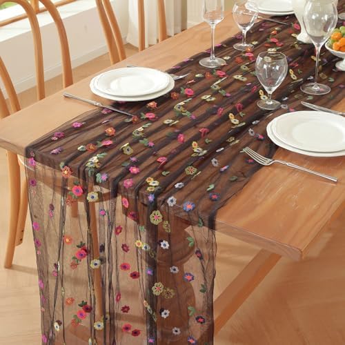 3pcs Black Embroidery Daisy Fall Table Runner 10ft Florals Seasonal Tulle Table Runner Holiday Kitchen Dining Table Decoration for Home Party Indoor by Unknown