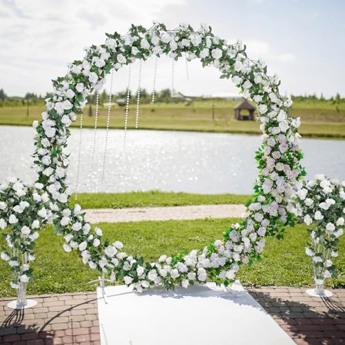 Suncalla 8 Pack 6.56ft Artificial Rose Flower Garland Silk Flocked White Rose Garland Faux Eucalyptus Peony Flower Vine for Wedding Party Table Centerpiece Arch Background Decoration(Eucalyptus) - Image 6
