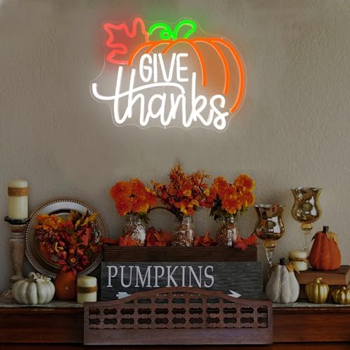 Thanksgiving Neon Sign Give Thanks Neon Signs Give Thanks Pumpkin Decorations Thanksgiving Day Neon Sign for Wall Decor Neon Light Up Sign for Door Wall Art Window Home Party - Image 5