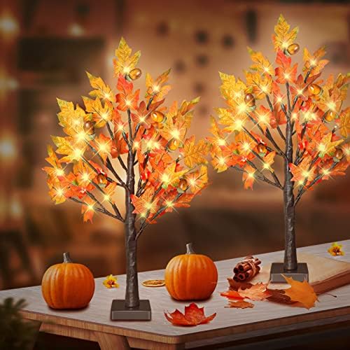 24 Inch Fall Lighted Maple Tree, 2FT Fall Tree with 36 LEDs, 6 Acorns, Timer Battery Operated, Thanksgiving Decorations Table Lights Tree for Autumn Wedding Party Gift Harvest Home - Image 3