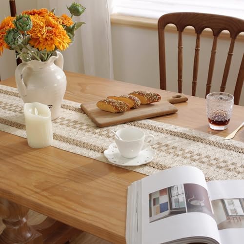 Niviy Boho Table Runner with Tassels 12 x 132 Inches Long, Cream & Brown Rustic Farmhouse Table Runner with Tassels for Home Kitchen Holiday Party and Wedding Decor Runner - Image 2