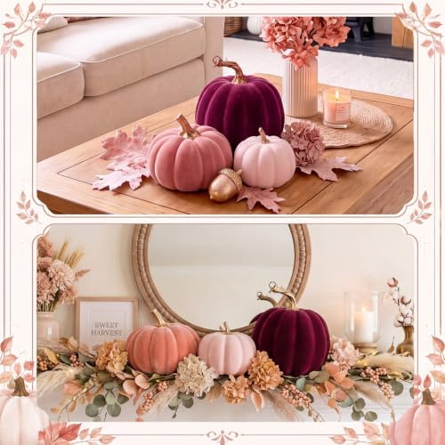 Bucherry 3 Pcs Velvet Pumpkin Decor Set 3D Foam Pumpkin, Pink - Image 5