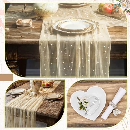 Beige 10 Pcs Pearl Gauze Table Runner 120 Inch 10ft Pearl Sheer Tulle Table Cloth Centerpieces for Home Wedding Birthday Bridal Baby Shower Party Favor Holiday Dining Decorations - Image 2
