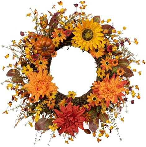 JINGHONG Fall Wreaths for Front Door 20 Inch Artificial Fall Wreath Autumn Flower Wreath with Sunflower Daisy Dahlia Pumpkin for Indoor Outdoor Window Wall Porch Harvest and Thanksgiving Celebration by JINGHONG