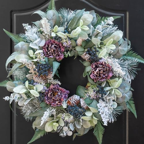 Winter Wreath for Front Door, 24 Inch Christmas Snow Covered Artificial Door Wreath with Purple Peonies, Green Leaves, Pine Cones and Berries, Winter Decor for Indoor or Outdoor by PureCosy