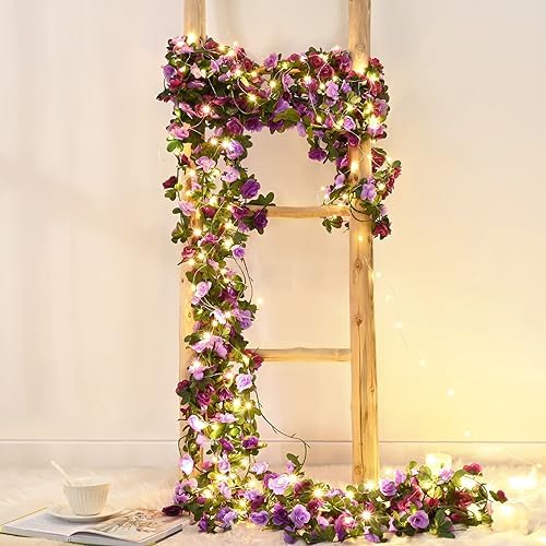 BLEUM CADE 12Pcs 16.4Ft Fake Flower Garland Faux Rose Vines with Lights - Image 6