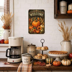Decorative Tin Sign Vintage Metal Tin Sign Welcome Pumpkins Sunflowers Wheat Ornate Wood Background Autumn Wall Decor for Entryway Living Room 12×16 Inches with Metal Frame - Image 4
