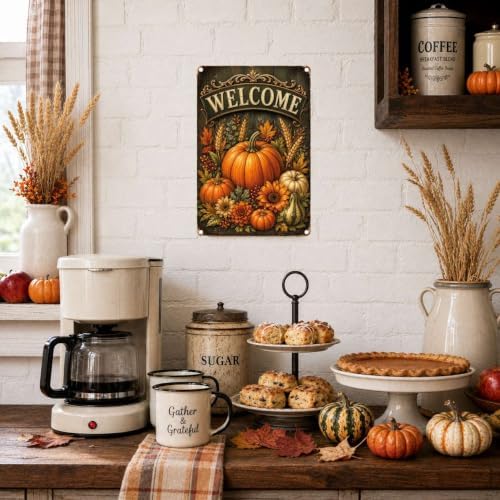 Decorative Tin Sign Vintage Metal Tin Sign Welcome Pumpkins Sunflowers Wheat Ornate Wood Background Autumn Wall Decor for Entryway Living Room 12×16 Inches with Metal Frame - Image 4