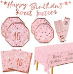 Rose Gold & Pink Sweet 16 Birthday Bundle: Party Supplies Set with paper Plates, Napkins, Cups, Tablecloth & Banner - Sweet Sixteen Decorations, Party Favors ，Serves 25 by Gatherfun
