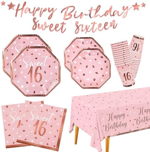 Rose Gold & Pink Sweet 16 Birthday Bundle: Party Supplies Set with paper Plates, Napkins, Cups, Tablecloth & Banner - Sweet Sixteen Decorations, Party Favors ，Serves 25 by Gatherfun