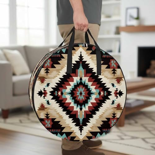 Abstract Ethnic Style Art Round Storage Bag 24 Inch, Retro Brown Green Weaving Pattern Clothes Storage Container with Handles Heavy Duty Organizer for Comforter, Bedding & Holiday Wreaths - Image 2