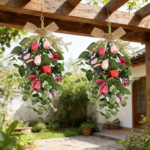 4 PCS Summer Wreaths for Front Door 22" Tulip Teardrop Swag with Purple Tassels Eucalyptus Leaves Ferns Butterflies for Indoor Outdoor Wall Festival Home Farmhouse Wedding Decor - Image 6