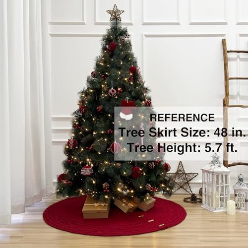 48-Inch Cable Sweater Knit Christmas Tree Skirt with Wooden Toggles, Burgundy - Image 2