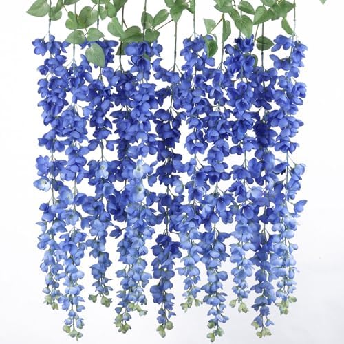 mizii 6Pcs Royal Blue Wisteria Hanging Flowers 48" Silk Wisteria Artificial Flowers Garland Vines Fake Hanging Flowers Decoration for Wedding Flower Wall Backdrop Centerpieces Room Decor (Royal Blue) by Mizii