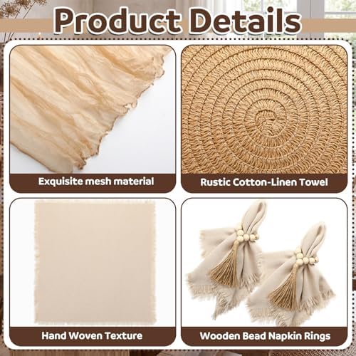 Frienda 6 Pcs Boho Woven Placemat Set with Runner, Napkin Rings, Beige - Image 6
