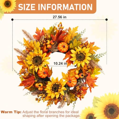 26" Fall Wreath for Front Door Pumpkin Artificial Wall Decor Autumn - Image 2
