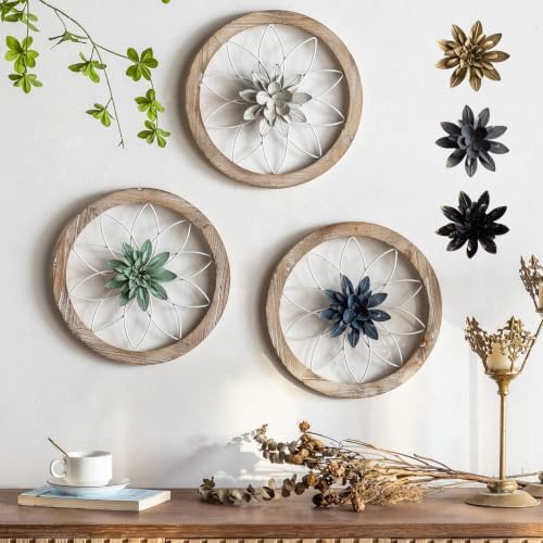 Paquesta 3 Piece Round Farmhouse Wall Decor with 6 Piece Interchangeable Flowers 12'' Medallion Wood & Metal Rustic Wall Art for Living Room Bedroom Kitchen Bathroom Dining Room Home Decorations by Paquesta