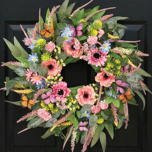 Wreaths for Front Door 26 Inch Spring Summer Wreath with Eucalyptus Leaves Pink Blooms Butterfly,for Year-Round Use Indoors and Outdoors as Wall, Door, Window, Party and Wedding Decorations by DFRRENChristmasWreaths