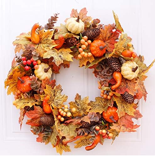 Ansuma 20" Fall Wreath for Front Door - Maple Leaves Pumpkin Pinecone Artificial Harvest Fall Wreath with Berries for Autumn Halloween Thanksgiving Day Home Wall Window Mantel Decor by Ansuma