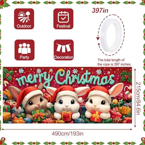 Bunnies Garage Door Banner 16x7 Ft - Rabbits in Santa Hats for 2 Car Garage Cute Decor - Image 4