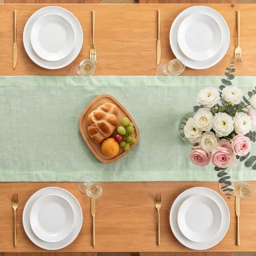 Green Linen Table Runner 14 x 108 Inch, 100% Pure Linen, Farmhouse Style, Washable, Rustic Table Decor for Wedding Party, Dining Table, Coffee Table, Dresser, Kitchen, Everyday & Holiday Use - Image 3
