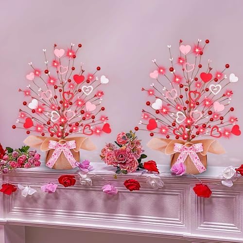 TURNMEON 2 Pack Valentine's Day Tree Tabletop Decorations - 16 Inch Battery Operated with 14 Red Pink Hearts and 32 Red Berries for Home, Table, Bedroom, Indoor Party, Wedding Decor - Image 6
