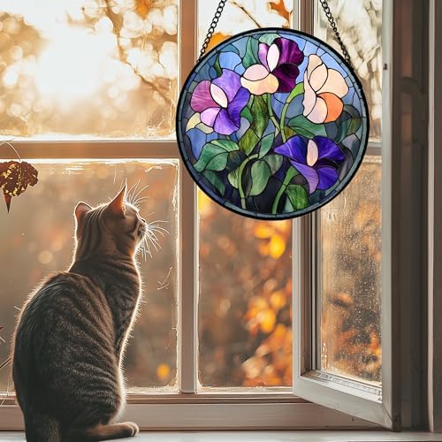 Purple Pink Flower Leaves Stained Glass Window Hanging Suncatcher Gift 15" - Image 2
