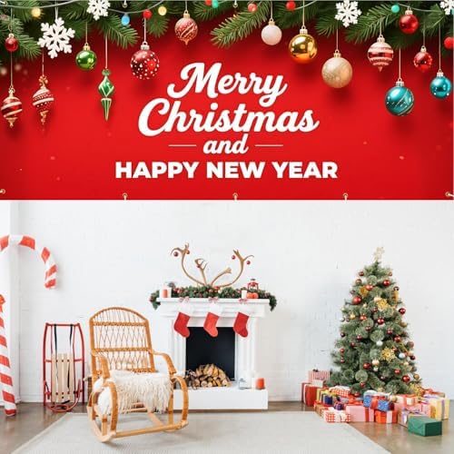16x7Ft Dual Holiday Garage Door Banner - Happy New Year on Red Background with Ornaments Large Backdrop cover,Outdoor/Indoor Decor for Party Home - Image 7