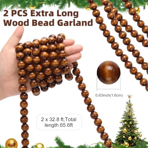 ZenNex 65.6 Ft Christmas Wooden Bead Garland 2 Pcs Long Bead String, Brown - Image 2