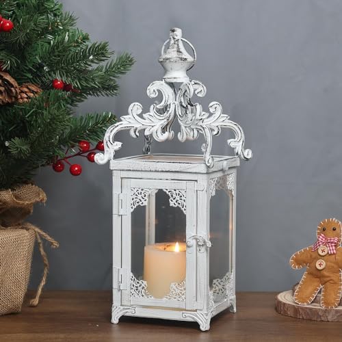 Large Candle Lantern, Decorative Hanging Lantern, Vintage Metal Tabletop Lantern for Outdoor Patio Rustic Home Decor, Candle Holders with Clear Glass (White) - Image 6