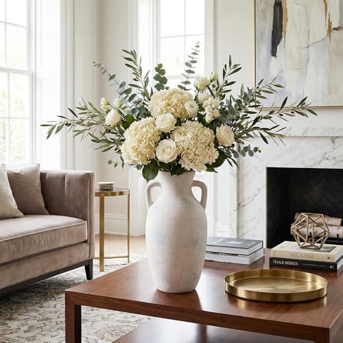 Ceramic Flower Vase with Handles, Neutral Tall Clay Decorative Terracotta Vases Farmhouse Table Vases Living Room Decor Rustic Pottery Pots for Home Shelf Coffee Dining Desk (A-12 h-Antique Beige) - Image 5