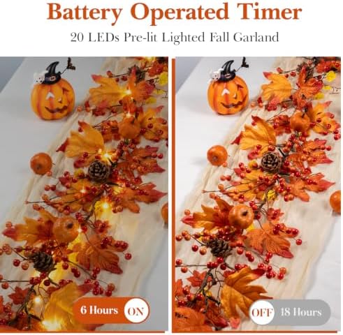 6 FT Fall Garland with 20 Lights & Timer, Pre-lit Lighted Fall Leaves Garland with Pumpkins Pine Cones Berries, Battery Operated Autumn Berry Garland Decor for Mantle Table Fireplace Thanksgiving - Image 4