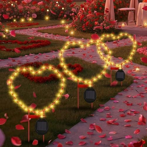 Retisee 3 Pcs Valentines Red Heart Shaped Solar Lights Metal Solar Decorative Lamps with Stakes for Garden Yard Path or Landscape Light Outdoor Decor, 12.7 x 9.3 Inch - Image 6
