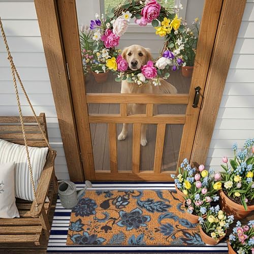 Moucuny 2 Pcs Navy Blue Coir Doormat and Stripe Rug Outdoor - Image 6