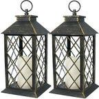 2-Pack 13.5" Vintage Candle Lantern with LED Candle (Distressed Gold, 6hr Timer) - IP44 Waterproof Outdoor Hanging Lanterns Battery Powered - Tabletop Lantern Decorative Home Lanterns by BrightZeal