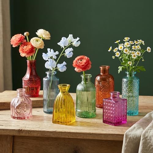 Colored Glass Vases Bulk 32 Pcs - Assorted Vintage Bud Vases for Wedding Centerpieces, Rustic Embossed Glass Bottles for Table Decor, Home Floral Arrangements with Bright Color Series (2-6 Inch) - Image 5