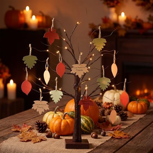 Briwooody 24'' Lighted Thanksgiving Gratitude Tree Kit, Brown Thanful Tree with 60 Leaves, Hemp Ropes & Pens, DIY Fall Decoration for Autumn Table Centerpiece Thanksgiving Gift (Battery Not Included) - Image 4