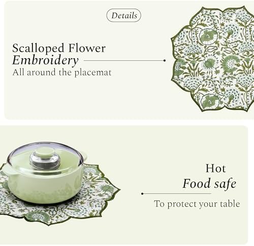 CPC Agate Green Block Print Cotton Floral Placemat 15x15 Inch, Set of 4 - Image 5