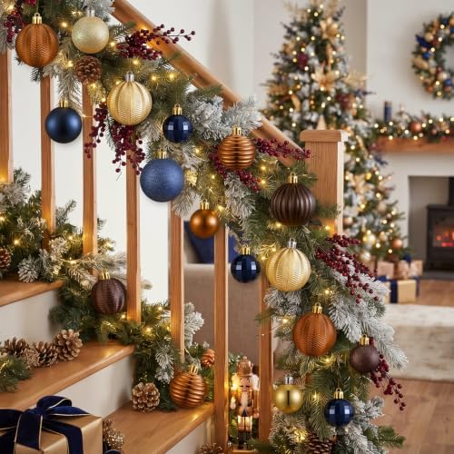Lunmon 64 Pcs Christmas Ball Ornaments Navy Blue Gold Copper Brown Xmas Bulbs Ornaments 1.6/1.97/2.4 Inch Plastic Hanging Decoration Assorted Size Christmas Decorations for Home Tree Wreath Party - Image 5