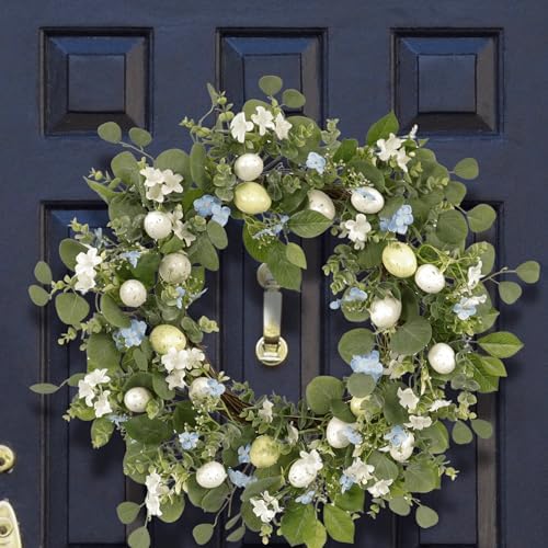 20 Inch Easter Wreath for Front Door, Spring Eucalyptus Wreath with Blue Wildflowers & Cream Speckled Eggs, Farmhouse Summer Holiday Decor - Image 6