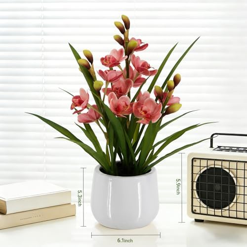 Fake Orchid Plant 19" Tall, Realistic Touch Leaves, Potted Cymbidium Artificial Plants Indoor for Home Decor Small Office Home Living Room-Pink - Image 6