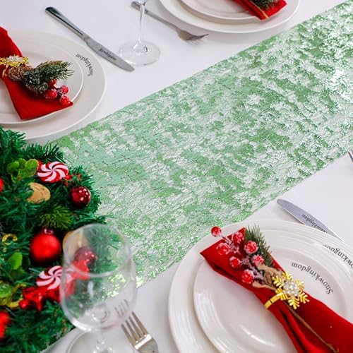 Snowkingdom Sage Green Table Runner, Sequin Glitter Foil Metallic Sage Green Mesh Spring Table Runner 11inch x 240inch,Table Decorations for Party Wedding Bridal Birthday Shower Christmas - Image 3