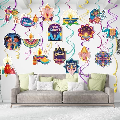 Qpout 30pcs Happy Diwali Party Hanging Swirls Decoration,Indian Festival of Lights Party Themed Ceiling Swirls Kit for Home Office Indian Diwali Deepavali Party Supplies - Image 5