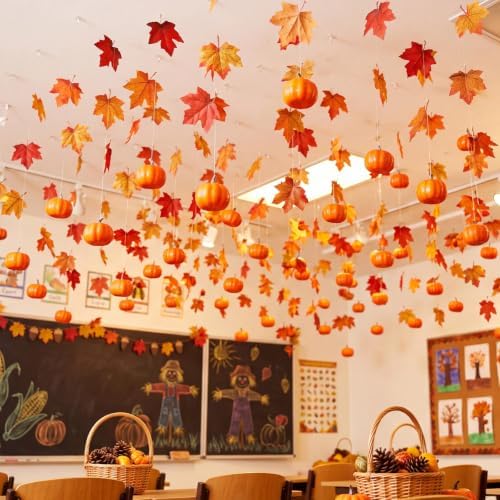 Lyrow 60 Pack Fall Decorations Pumpkin Hanging Ornaments Maple Leaf Rustic Thanksgiving Ceiling Decor for Home Classroom Autumn Party Decor Harvest Festival Supplies Farmhouse Holiday Floating Garland by Lyrow