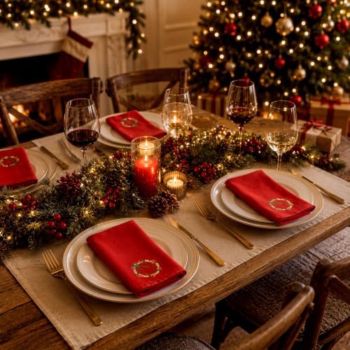 SmoothNovelty 6 Pcs Christmas Wreath Cloth Napkins Xmas Embroidery Linen - Image 4