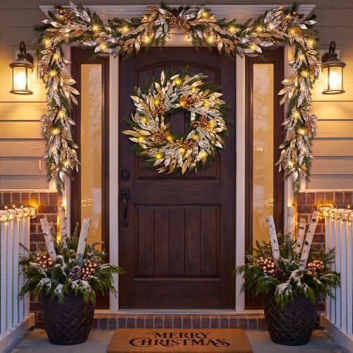 Christmas Wreaths for Front Door - 8 Lighting Modes 26 Inch Real Touch Pine Wreath with Gold Leaves & Champagne Berries Prelit Winter Wreath for Outdoor Christmas Decorations Windows Indoor Home Decor - Image 3
